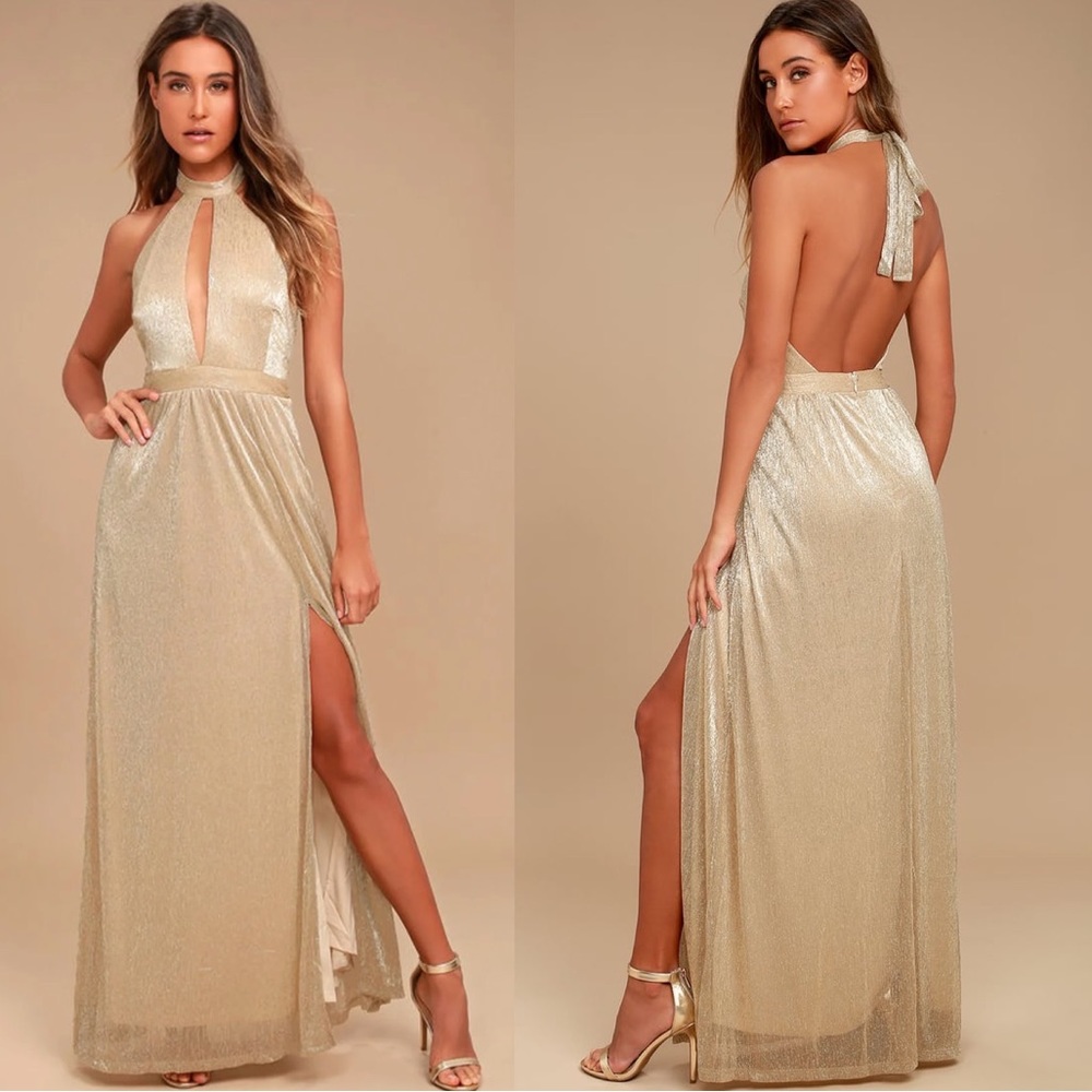 NWT Lulu's Gold Be A Star Halter Maxi Festive Holiday Medium Night Out Dress